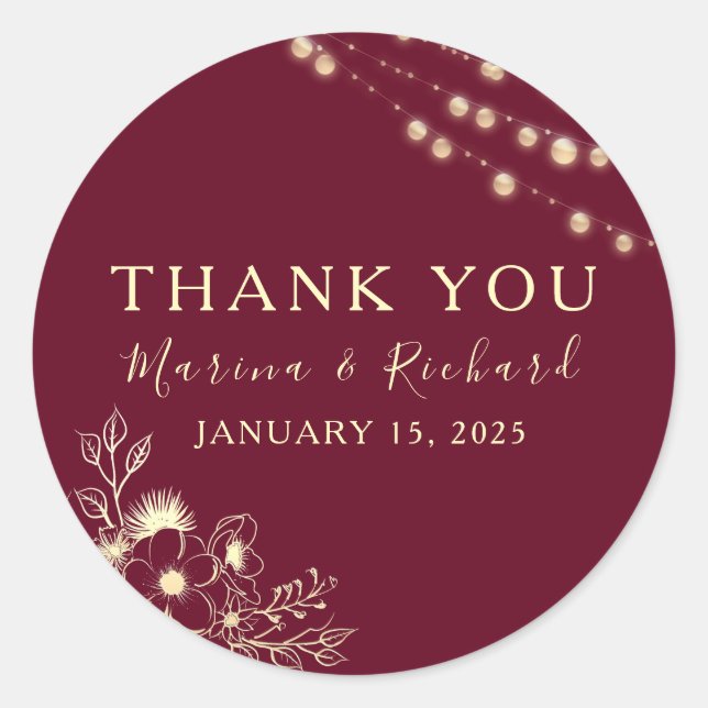 Burgundy Gold Wedding Thank You Sticker (Front)