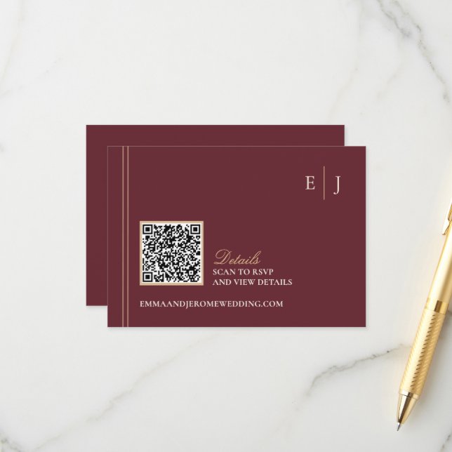 Burgundy Gold Wedding Website QR Code Enclosure Card (Front/Back In Situ)