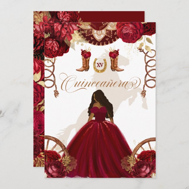 Burgundy Gold Western Charro 2-Sided Quinceanera I Invitation (Front/Back)