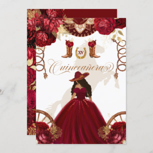 Burgundy Gold Western Charro 2-Sided Quinceanera I Invitation