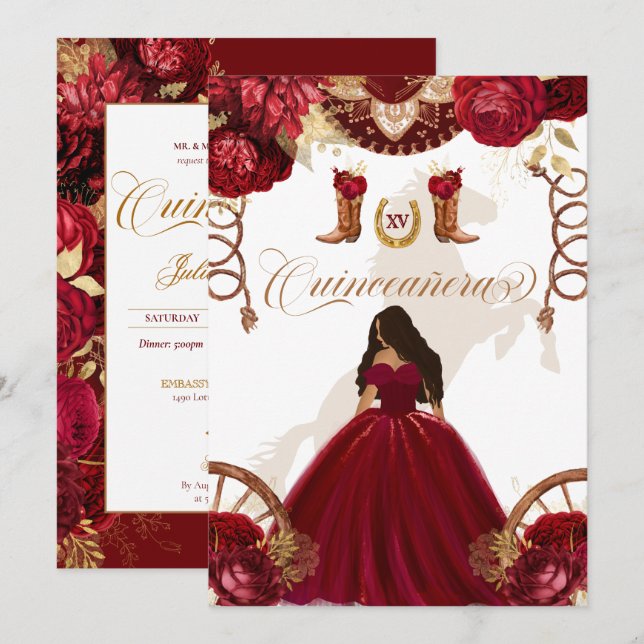 Burgundy Gold Western Charro 2-Sided Quinceanera Invitation (Front/Back)