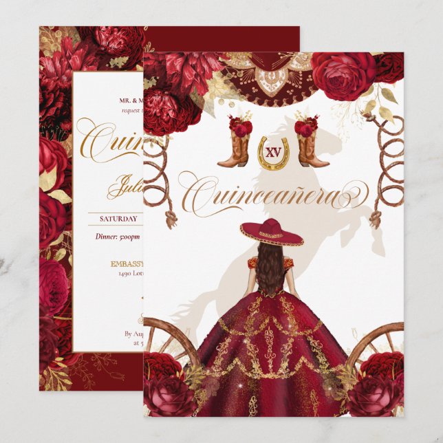 Burgundy Gold Western Charro 2-Sided Quinceañera Invitation (Front/Back)