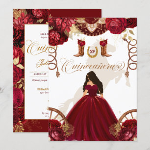 Burgundy Gold Western Charro 2-Sided Quinceanera Invitation