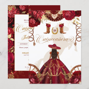 Burgundy Gold Western Charro 2-Sided Quinceañera Invitation