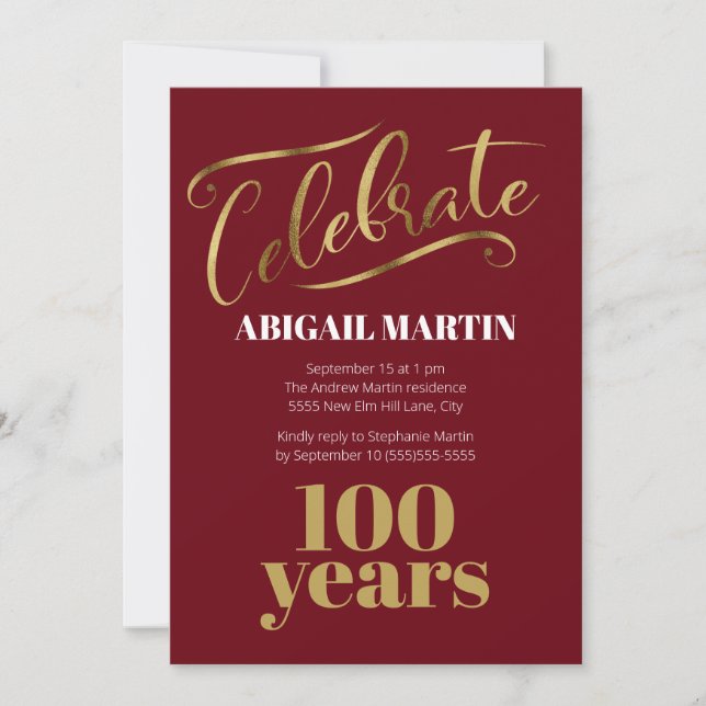 Burgundy Gold White 100th Birthday Party Invitation (Front)
