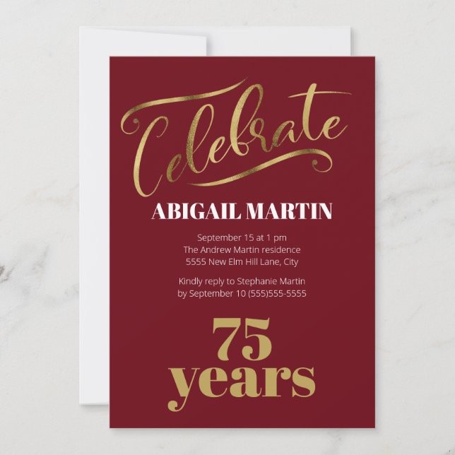 Burgundy Gold White 75th Birthday Party Invitation (Front)