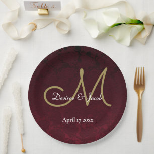 Burgundy Gold White Floral Wedding Monogram Paper Plate