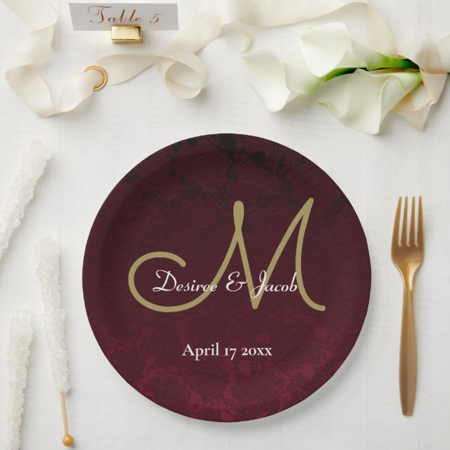 Burgundy Gold White Floral Wedding Monogram Paper Plate (Wedding)