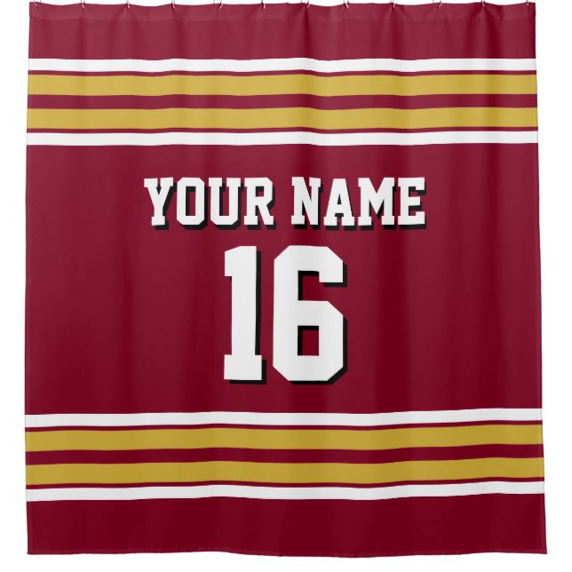 Burgundy Gold White Stripes Sports Jersey Shower Curtain (Front)