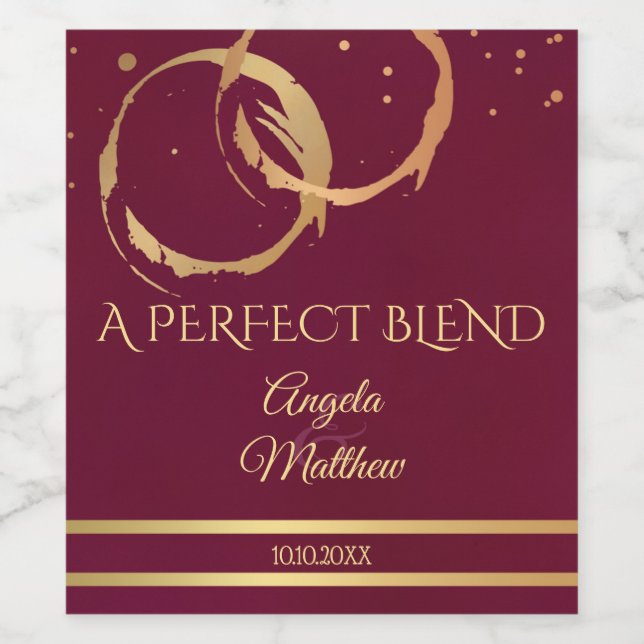 Burgundy Gold Wine Stains Wedding Wine Label (Single Label)