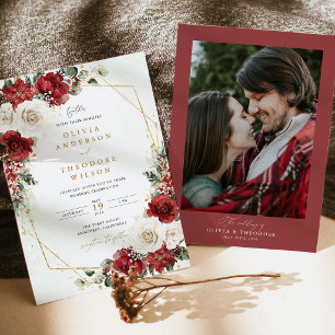 Burgundy Gold Winter Floral Photo Back Wedding Invitation