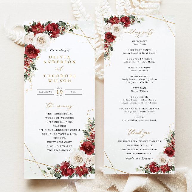 Burgundy Gold Winter Floral Wedding Ceremony Programme (Wedding Program Burgundy gold Winter Floral Ceremony Program Red Rose Poinsettia geometric card)