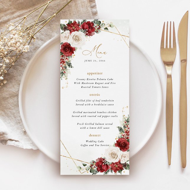 Burgundy Gold Winter Floral Wedding Reception Menu (Burgundy Gold Winter Floral Wedding Menu Card, Christmas Holiday Elegant Geometric Reception Menu)