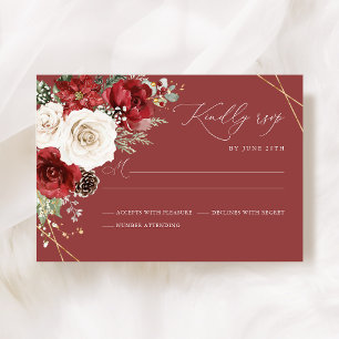 Burgundy Gold Winter Floral Wedding RSVP Card
