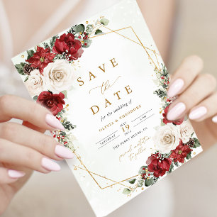 Burgundy Gold Winter Floral Wedding Save The Date