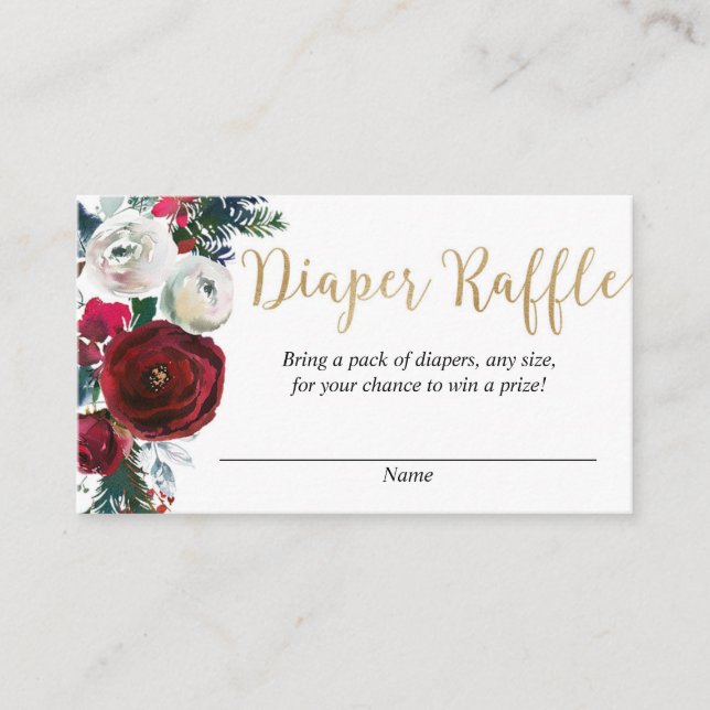 Burgundy gold winter gender neutral diaper raffle enclosure card (Front)