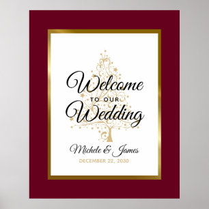 Burgundy Gold Winter Holiday Wedding Welcome Poster