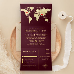 Burgundy Gold World Map All in One Wedding Tri-Fold Invitation