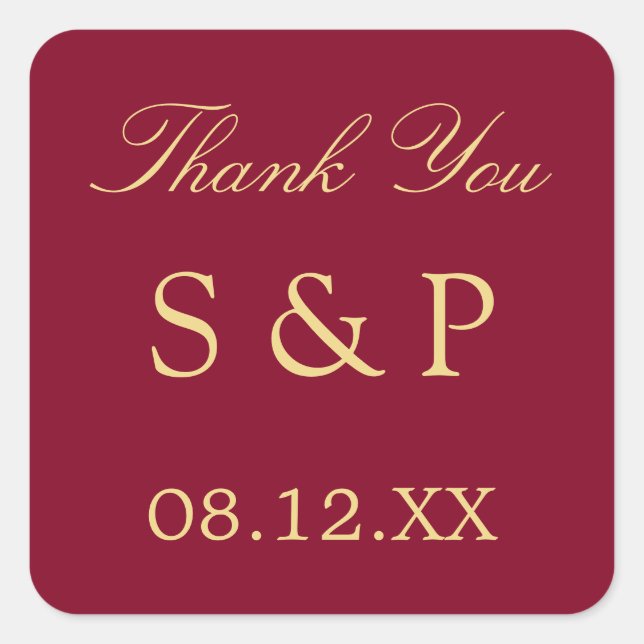 Burgundy Golden Beige Wedding Favour Thank You Square Sticker (Front)