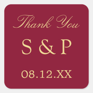 Burgundy Golden Beige Wedding Favour Thank You Square Sticker