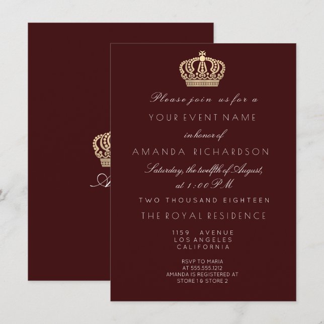 Burgundy  Golden Crown Royal Glitter 16th Bridal Invitation (Front/Back)
