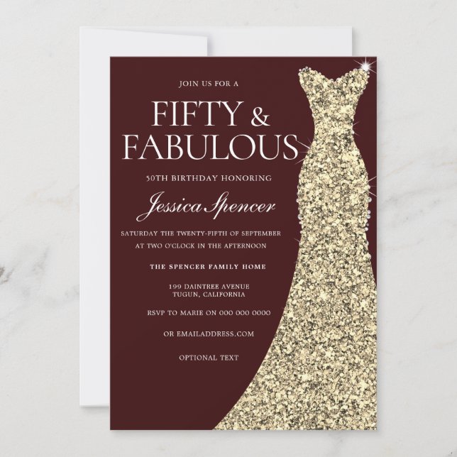 Burgundy Golden Dress 50 & Fabulous 50th Birthday Invitation (Front)