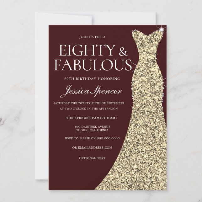 Burgundy Golden Dress 80 & Fabulous 80th Birthday Invitation (Front)
