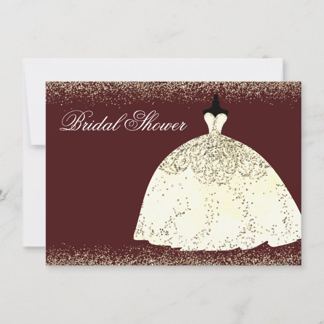 Burgundy Golden Dress Glitter Bridal Shower Invite (Front)