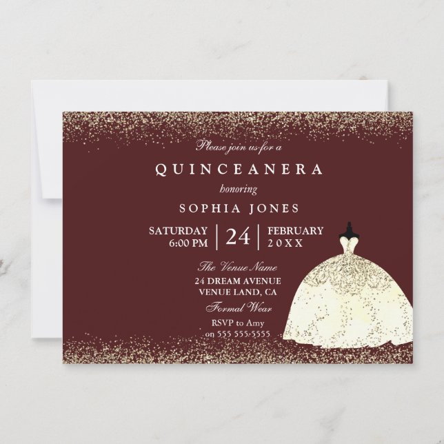 Burgundy Golden Dress Glitter Quinceanera Invite (Back)