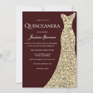 Burgundy Golden Dress Quinceanera Party Invite
