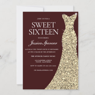 Burgundy Golden Dress Sweet 16 Invite