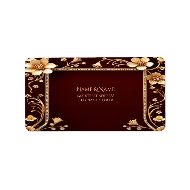 Burgundy Golden Flowers Address Label (Front)
