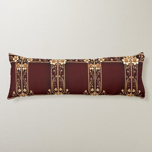 Burgundy Golden Flowers Body Pillow (Front)
