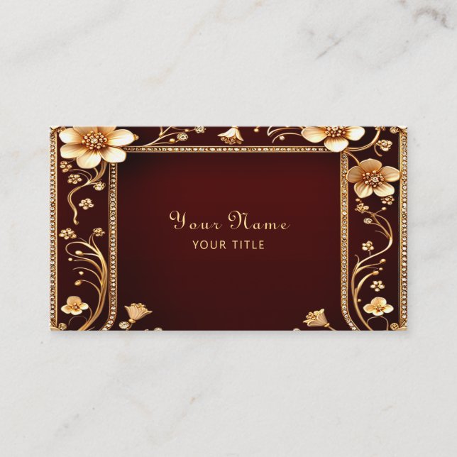Burgundy Golden Flowers Business Card (Front)