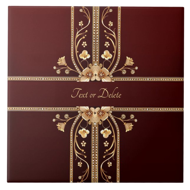 Burgundy Golden Flowers Ceramic Tile (Front)