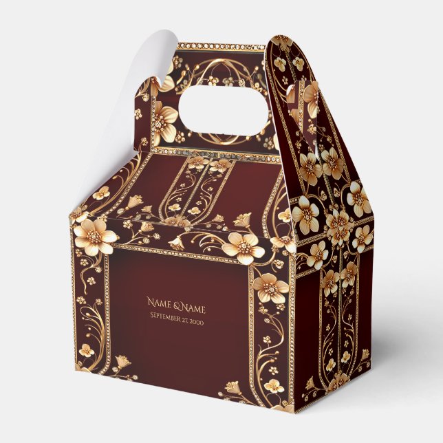 Burgundy Golden Flowers Favour Box (Front Side)