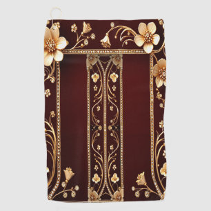 Burgundy Golden Flowers Golf Towel