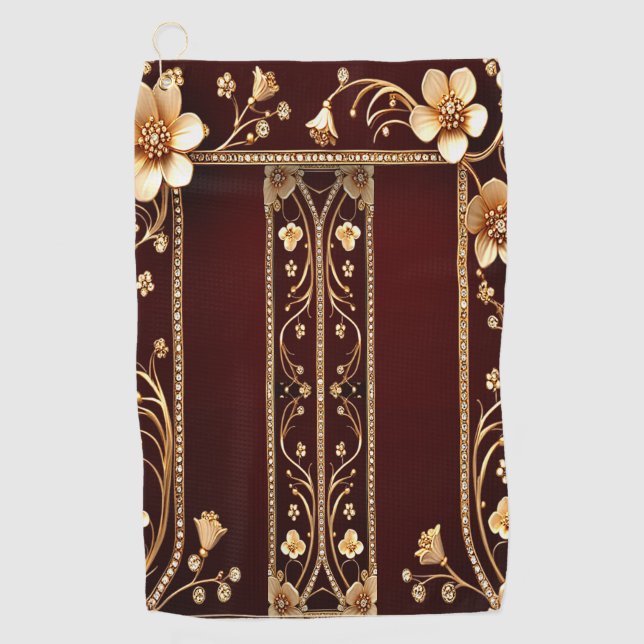 Burgundy Golden Flowers Golf Towel (Front)