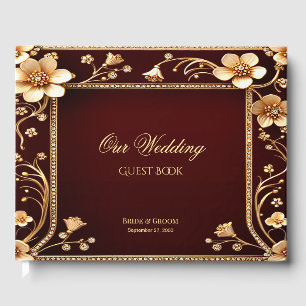 Burgundy Golden Flowers Guest Book