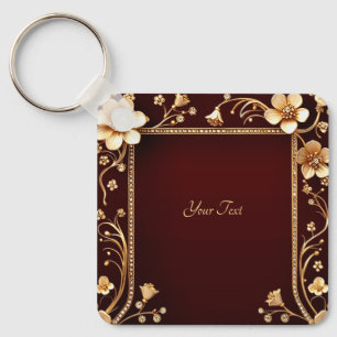 Burgundy Golden Flowers Keychain