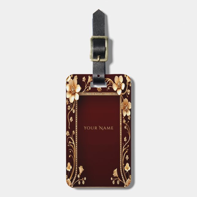 Burgundy Golden Flowers Luggage Tag (Front Vertical)