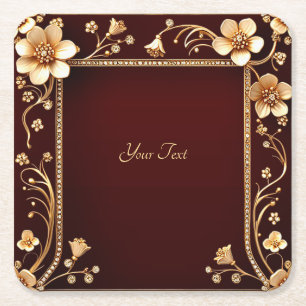 Burgundy Golden Flowers Paper Coaster