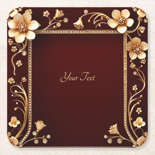 Burgundy Golden Flowers Paper Coaster (Front)