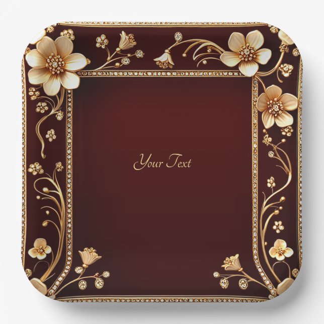 Burgundy Golden Flowers Paper Plate (Front)