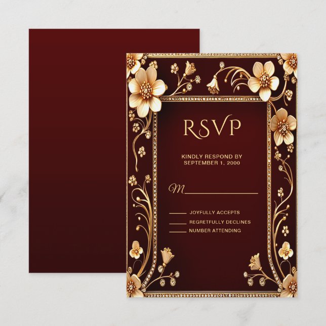 Burgundy Golden Flowers RSVP Card (Front/Back)