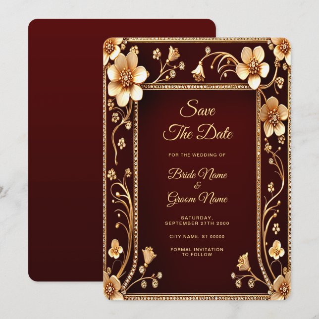 Burgundy Golden Flowers Save The Date (Front/Back)