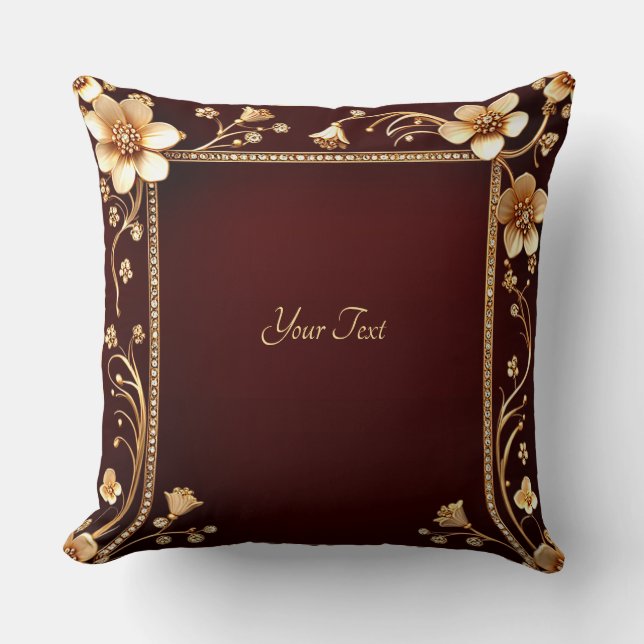 Burgundy Golden Flowers Throw Pillow (Front)