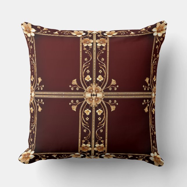 Burgundy Golden Flowers Throw Pillow (Front)