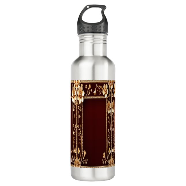 Burgundy Golden Flowers Water Bottle (Front)