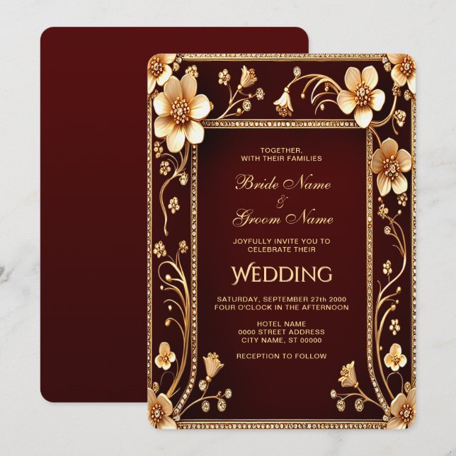 Burgundy Golden Flowers Wedding Invitation (Front/Back)